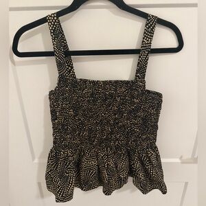 Madewell Smocked Peplum Tank Top Size 8 Black Tan Print Ruffle Hem